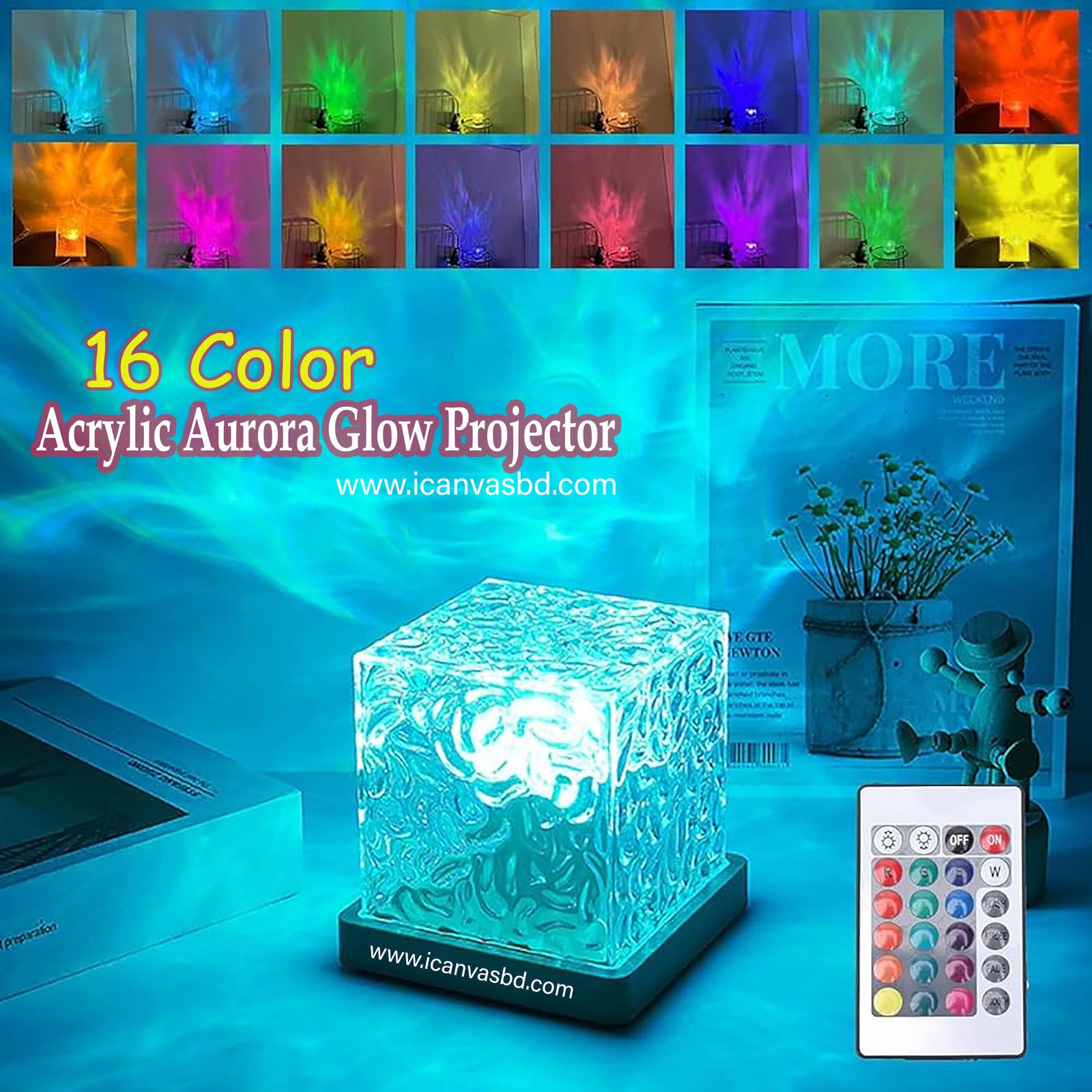 16 Color Acrylic Aurora Glow Projector Lamp with Water Ripple Waving Effects